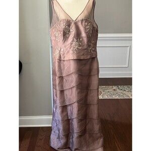 Niki by Niki Livas Long Formal Taupe Dress w/Beaded Bodice & Tiered Skirt Sz 20